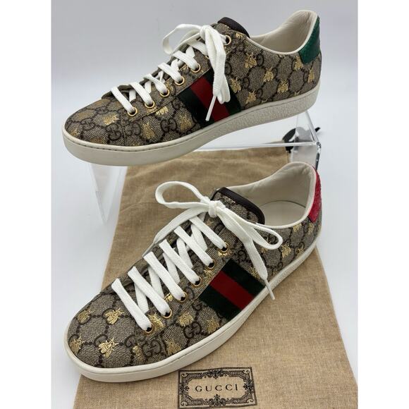 Gucci Ace GG Bee Shoes Supreme Sneakers Women’s Size 37.5 Web Stripe Brown Gold - Picture 1 of 16